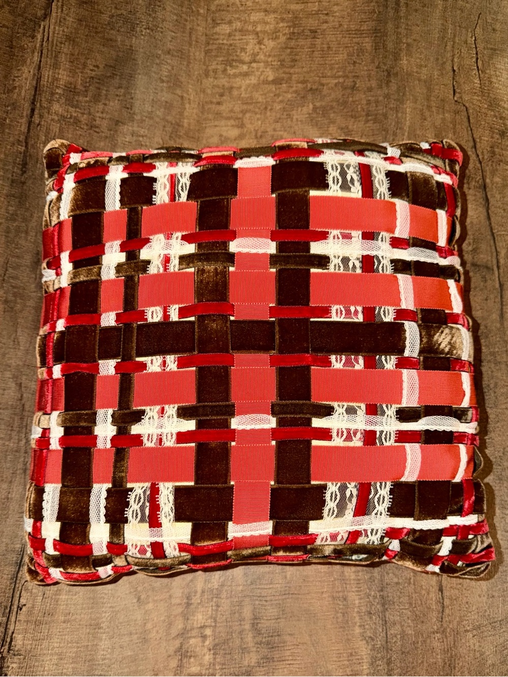 Vintage Ribbon Weave Accent Pillow 13.5x13.5